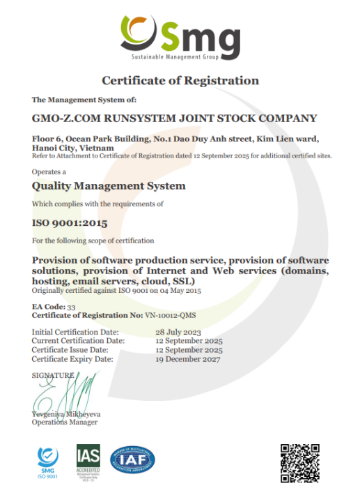 GMO-Z.com RUNSYSTEM khẳng định vị thế với loạt chứng nhận quốc tế về quản lý chất lượng và an toàn thông tin