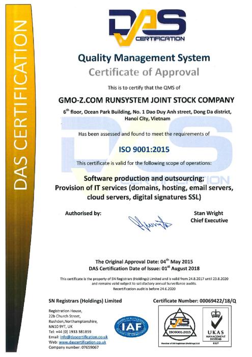GMO-Z.com RUNSYSTEM re-certified for ISO 9001:2015