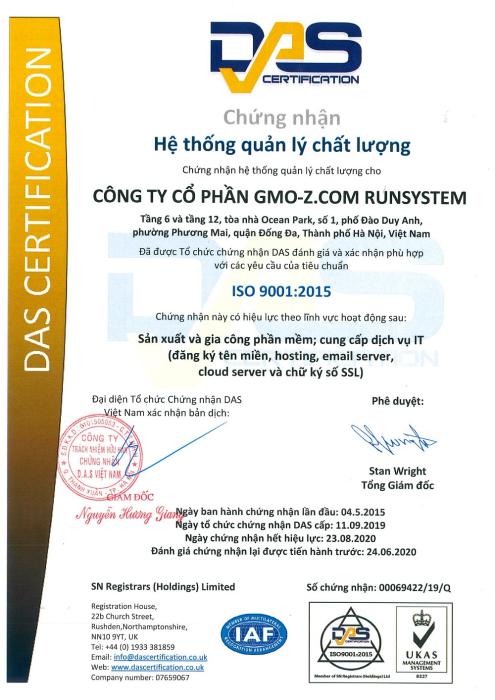 GMO-Z.com RUNSYSTEM thành công tái chứng nhận chứng chỉ ISO 9001:2015