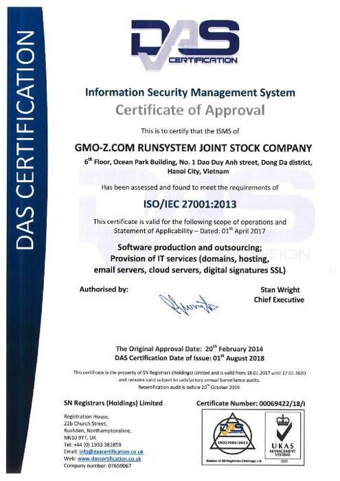 GMO-Z.com RUNSYSTEM successfully met ISO/IEC 27001:2013 standard for the second time