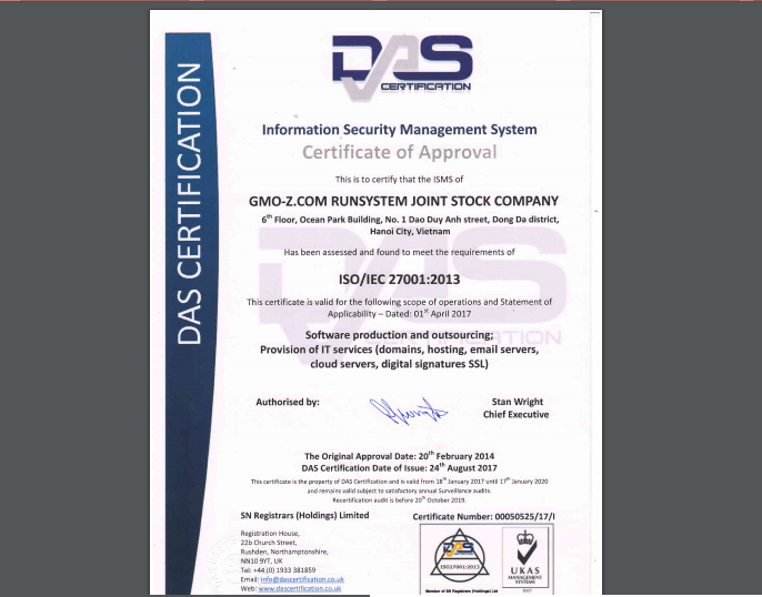 GMO-Z.com RUNSYSTEM successfully re-certified ISO 9001: 2015 and ISO 27001: 2013 certification