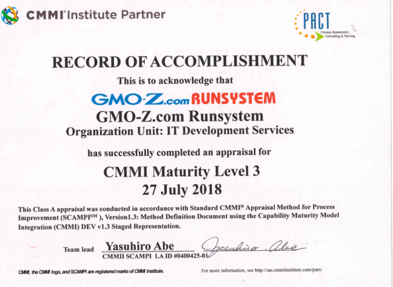 GMO-Z.com RUNSYSTEM tái chứng nhận thành công chứng chỉ ISO 9001:2015, chứng chỉ ISO 27001:2013 và tiêu chuẩn CMMI level 3